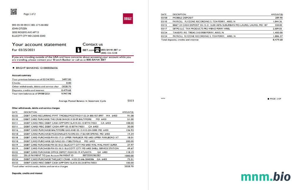 USA North Carolina BB & T Corp. szablon wyciągu bankowego w formacie Excel i PDF